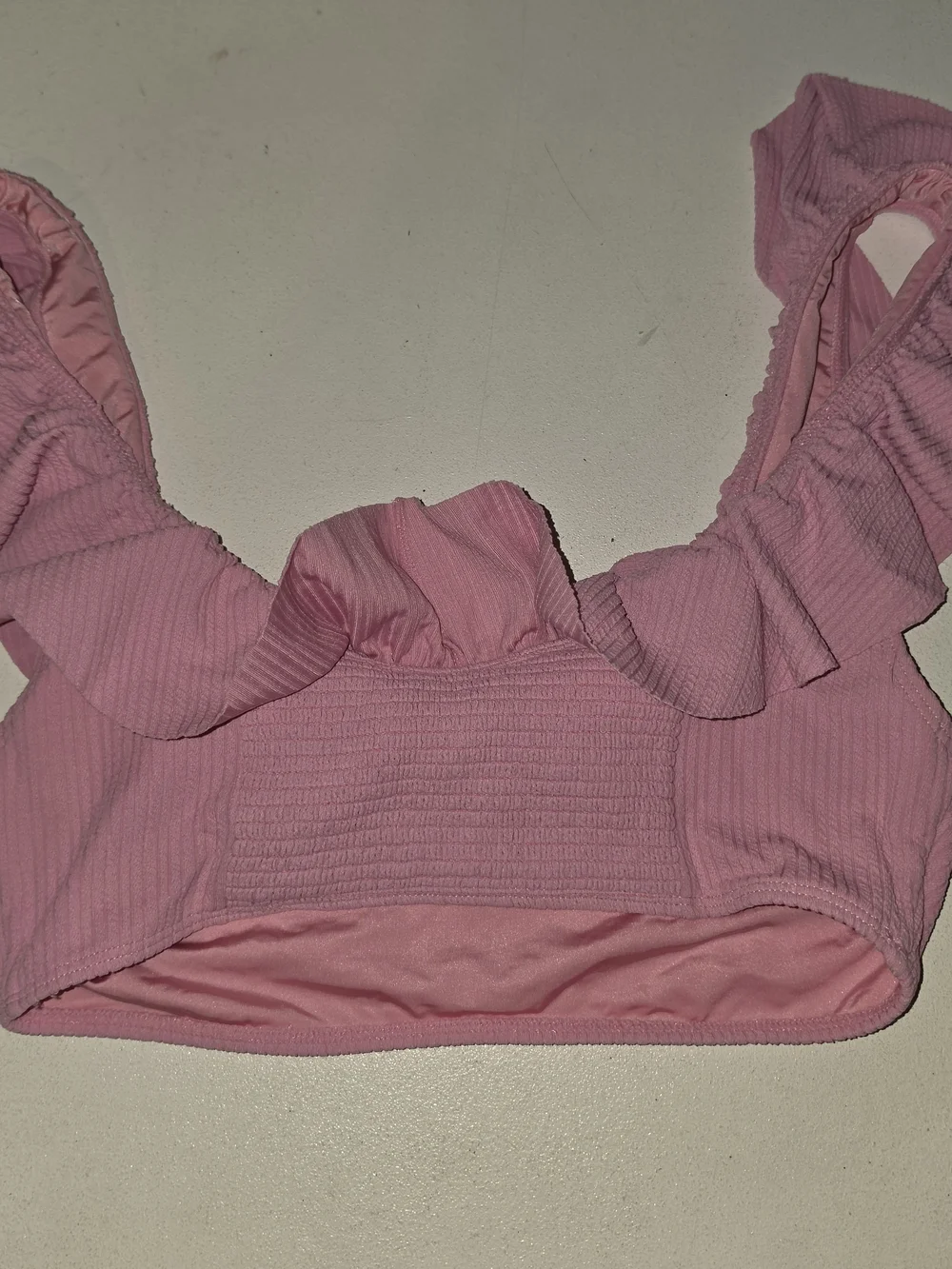 Show Me Your MuMu Pink Ruffle Off-Shoulder Crop Swim